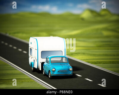 Blue vintage car sur la route avec votre caravane. 3D illustration. Banque D'Images