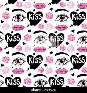 Monde Carte vecteur Kiss 24. Motif de fond transparent. Lèvres et baisers. Banque D'Images