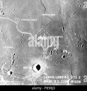 Une illustration photographique comparant la taille de site d'atterrissage d'Apollo 2 avec celui de la région métropolitaine de Washington, D.C.. Le site 2 est l'un des trois sites d'atterrissage lunaire Apollo 11. Banque D'Images