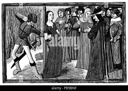 Historia. Application de Juana de Arco (1412-1431), la doncella de Orleans, en la hoguera. La gravure de 1906. Banque D'Images