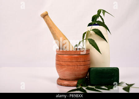 Ayurveda savon ou savon de neem huile de neem ou réalisés dans d'Azadirachta indica sur fond gris. Banque D'Images