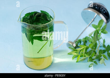Thé à la menthe dans une théière en verre clair, les feuilles de menthe et tasses à thé. Focus sélectif. Banque D'Images