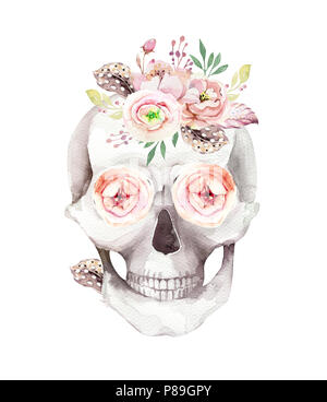 Les droits de l'aquarelle crâne avec bouquets. Vintage tête helloween illustration. Retro design mort tatouage dessin rétro Banque D'Images