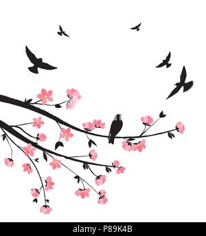 Vector illustration de branches décoratives avec fleurs et oiseaux. Sakura en fleurs de printemps Illustration de Vecteur