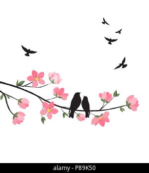 Vector illustration de branches décoratives avec fleurs et oiseaux. Sakura en fleurs de printemps Illustration de Vecteur