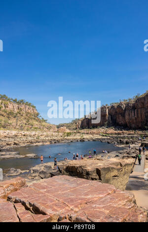 Les touristes en natation à gorge Nitmiluk waterhole, Territoire du Nord Banque D'Images