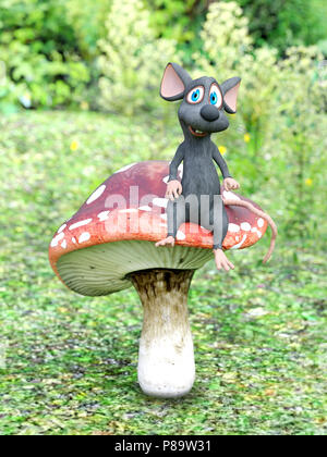 Le rendu 3D d'un sourire mignon cartoon souris assise sur un champignon agaric fly dans une forêt de conte de toadstool dans la journée. Banque D'Images