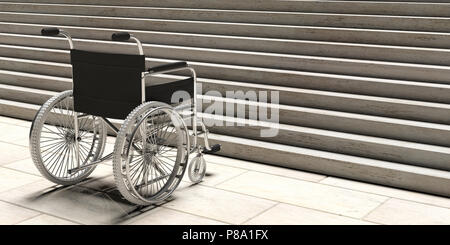 L'accessibilité aux personnes handicapées. Vide en fauteuil roulant en face de l'escalier en béton. 3d illustration Banque D'Images