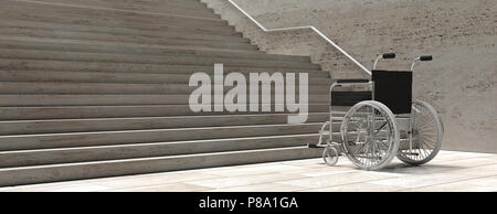 L'accessibilité aux personnes handicapées. Vide en fauteuil roulant en face de l'escalier en béton, la bannière. 3d illustration Banque D'Images