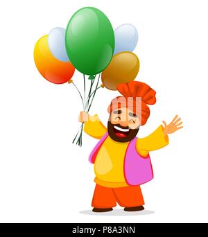 Joyeuse Fête de l'indépendance de l'Inde. Carte de voeux, flyer ou d'affiche avec smiling man holding Sikh ballons dans l'air couleurs nationales. Vector illustration Illustration de Vecteur