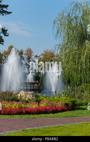 Pulvériser de l'eau fontaines élevé au-dessus d'un lac dans un parc avec de belles fleurs. Mezhyhirya Ukraine . Pour votre conception Banque D'Images