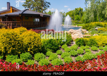 Haut luxuriant sur le lac fontaines dans le parc près du lit de fleur avec des bégonias rouges . Pour votre conception Banque D'Images
