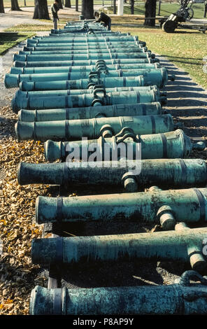 Canons pris comme butin des guerres par les militaires américains sur une période de 200 ans s'affichent en plein air au point Trophée donnant sur l'Hudson à l'Académie Militaire (USMA) dans la région de West Point, New York, USA. Inclus sont capturés l'artillerie de la guerre de la Révolution américaine, la guerre de 1812, Guerre hispano-américaine, guerre de Sécession et la guerre américano-mexicaine. Fondée en 1802, l'Académie de West Point est le co-éducatif collège de premier cycle pour les étudiants (cadets) formation pour devenir officiers dans l'armée américaine. Banque D'Images