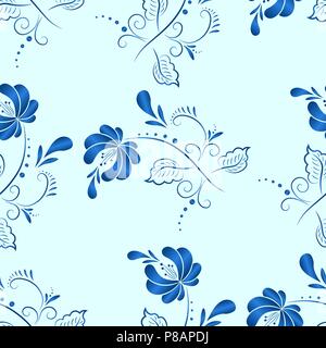 Textile floral bleu motif transparent vecteur en russe style gzhel Illustration de Vecteur