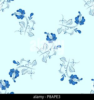 Textile floral bleu motif transparent vecteur en russe style gzhel Illustration de Vecteur