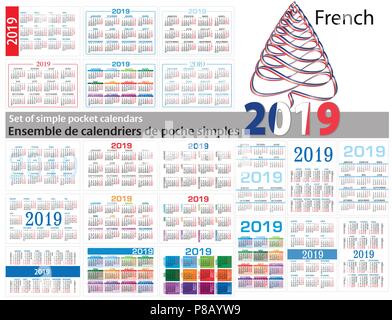 Définir des calendriers simples en français sur 2019 Deux mille dix-neuf . Semaine commence lundi. Illustration de Vecteur