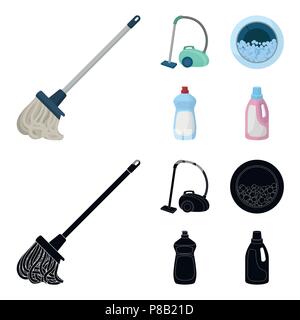 Une vadrouille avec une poignée pour laver les planchers, un aspirateur vert, une fenêtre d'une machine à laver avec de l'eau et de mousse, une bouteille avec un agent de nettoyage. Cle Illustration de Vecteur