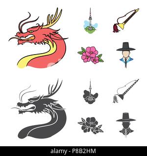 Dragon avec moustache, tour de Séoul, national instrument de musique, fleur d'hibiscus. Corée du set d'icônes dans la collection black style cartoon,symbole vecteur Illustration de Vecteur