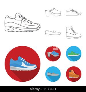 Les tongs, sabots sur une plate-forme haute et talon, sneakers vert avec lacets, femelle gris ballerines, chaussures rouges sur le tracteur seul. Set chaussures collectio Illustration de Vecteur