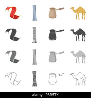 Le tapis persan, le Shanghai Tower, le Turc pour le café, le chameau. Emirats Arabes Unis collection set icônes de caricature en noir monochrome Illustration de Vecteur