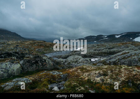 Vue sur terrain rocheux avec en arrière plan le lac entouré de collines, la Norvège, le Parc National d Banque D'Images