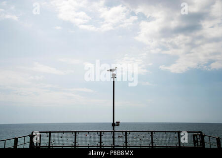 Bognor Regis, Sussex. Une mouette est perché sur un poteau à une clôture à la fin de la jetée Banque D'Images