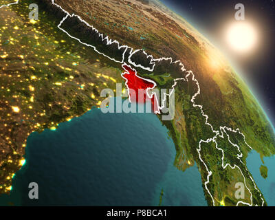 Coucher du soleil au-dessus du Bangladesh à partir de l'espace sur la planète Terre avec des frontières du pays. 3D illustration. Éléments de cette image fournie par la NASA. Banque D'Images