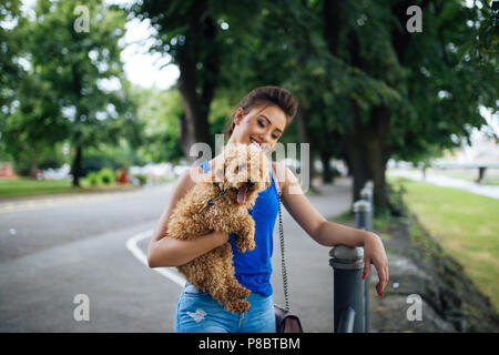 Portrait de la belle jeune femme avec son petit chiot caniche rouge. Banque D'Images