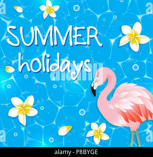 Summer background bleu avec des fleurs tropicales dans l'eau et flamant rose. Banque D'Images