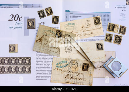 L'histoire postale française 1849-1850 Lettres, timbres et manuel catalogue spécialisé - 20c Cérès a été le premier timbre-poste français. Banque D'Images