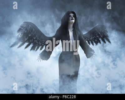 Un ange de la mort avec ses ailes noires, rendu 3D. Elle est entourée par la fumée ou les nuages comme c'est un rêve ou dans le ciel. Banque D'Images
