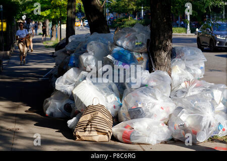 Une montagne de NYC garbage entoure un arbre sur un trottoir Banque D'Images