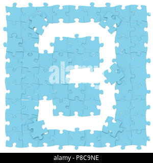 Jigsaw puzzles bleu assemblés comme chiffre mathématique 3 ou trois sur fond blanc, puzzle carte est peut-être connecté sans couture le long des frontières, rendere 3D Banque D'Images