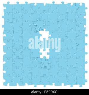 Blue Jigsaw puzzles assemblés comme opération mathématique symbole de division ou de ponctuation virgule sur fond blanc, puzzle conseil peuvent être seamle Banque D'Images
