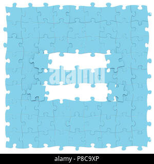 Blue Jigsaw puzzles assemblés comme signe de l'égalité mathématique sur fond blanc, puzzle carte est peut-être connecté sans couture le long des frontières, j'en rendu 3D Banque D'Images