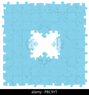 Blue Jigsaw puzzles assemblés comme opération mathématique symbole de multiplication ou une croix sur fond blanc, puzzle conseil peuvent être connecte transparente Banque D'Images