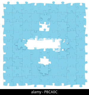 Blue Jigsaw puzzles assemblés comme opération mathématique symbole de division, obelus sur fond blanc, puzzle carte est peut-être connecté sans soudure le long Banque D'Images