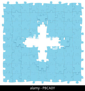 Blue Jigsaw puzzles assemblés comme opération mathématique symbole de somme ou une croix sur fond blanc, puzzle carte est peut-être connecté sans soudure le long de bor Banque D'Images