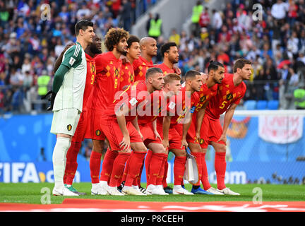 Belgique joueurs pour la photo de l'équipe, rangée arrière de gauche à droite : le gardien Thibaut Courtois, Romelu Lukaku, Marouane Fellaini, Axel Witsel, Vincent Kompany et Moussa Dembele ; rangée avant de gauche à droite : Toby Alderweireld, Kevin De Bruyne, Eden Hazard, Nacer Chadli et Jan Vertonghen GES/football/Coupe du Monde 2018 Russie : Demi-finales : France - Belgique, 10.07.2018/GES/soccer/football Worldcup 2018 Russie : demi-finale : la France contre la Belgique, Saint-Pétersbourg, 10 juillet, 2018 | dans le monde entier Banque D'Images