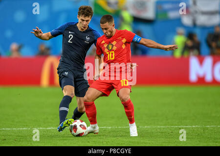 10 juillet 2018, St.. Benjamin Pavard de France lutte contre le danger de l'Eden la Belgique à Saint Petersbourg stade lors de la demi-finale entre la France et la Belgique au cours de la Coupe du Monde 2018. Ulrik Pedersen/CSM/Alamy Live News Banque D'Images