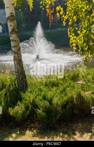 Fontaines de pulvérisation étincelle dans le soleil tomber dans un lac près de la rive. Petrivtsi Novi, l'Ukraine . Pour votre conception Banque D'Images