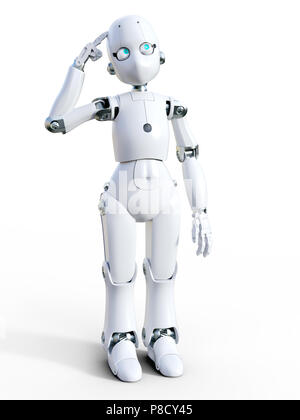 Le rendu 3D d'un robot de dessin animé sympa blanc pense à quelque chose. Arrière-plan blanc. Banque D'Images
