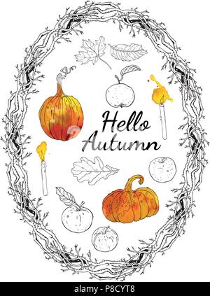 Bonjour automne set : couronne ovale frame branches, inscription, citrouilles, pommes, chêne, érable, feuilles qui tombent, des bougies. Hand drawn vector art ligne illustrati Illustration de Vecteur