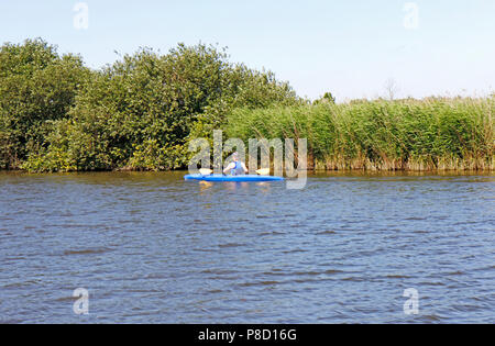 Un canoéiste sur la rivière Bure sur les Norfolk Broads à Horning, Norfolk, Angleterre, Royaume-Uni, Europe. Banque D'Images