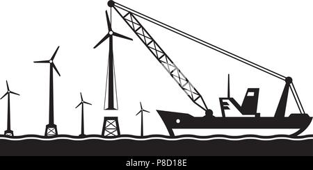 Grue flottante installation éolienne dans la mer - vector illustration Illustration de Vecteur