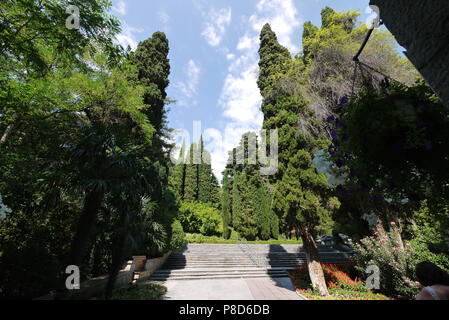 Une belle vue sur le ciel bleu avec des nuages rares comme si étendu sur le dessus des arbres hautes et denses dans le parc autour d'un large escalier avec étroites Banque D'Images