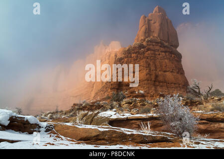 Un épais brouillard d'hiver entourant et engloutissant le buttes de grès le long de la piste de l'Avenue du Parc. Arches National Park, Utah Banque D'Images