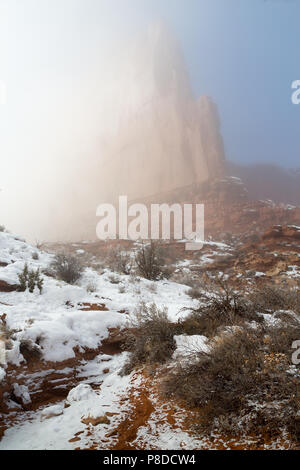 Un épais brouillard qui envahit la buttes de grès le long de la piste de l'Avenue du Parc. Arches National Park, Utah Banque D'Images