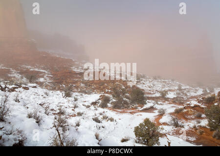 Grandes buttes de grès dans obscurred au-dessus du brouillard Park Avenue Trail couvertes de neige d'une tempête récente. Arches National Park, Utah Banque D'Images