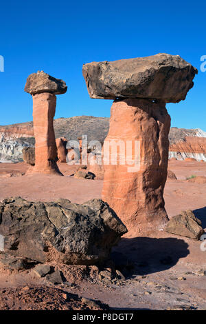 - L'UTAH où Toadstools harden rochers rouler le long des falaises au-dessus et protéger les grès plus doux en dessous de l'érosion. Banque D'Images